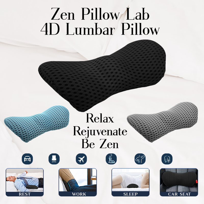 Zen Pillow Lab Introducing the 4D Lumbar Pillow. Relax, Rejuvenate, Be Zen. Usable while working, sleeping, in the car, or even relaxing.